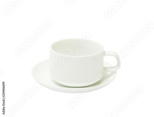 white cup of coffee white isolated background with copy space and clipping path.