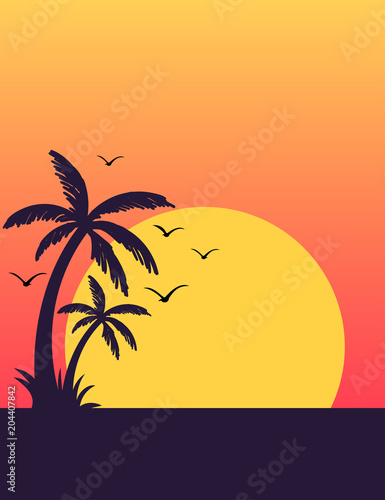 Summer tropical sunset poster with palm trees