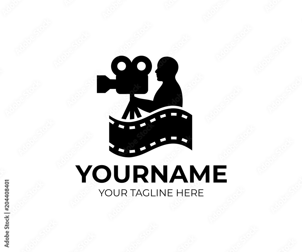 Fototapeta premium Cameraman, videographer and videocamer either cinemacamera, logo template. Film, cinema and filming, vector design. Film festival and film industry, illustration