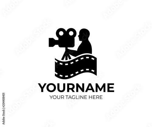 Cameraman, videographer and videocamer either cinemacamera, logo template. Film, cinema and filming, vector design. Film festival and film industry, illustration