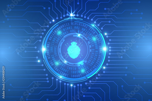 Security Blue Hi Protection Technology Design Vector Background. Virus Malware Bug Detect By Binary Digital Code With Circuit Illustrator.