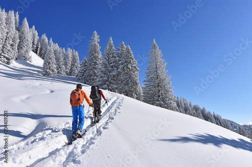 Two skiers with backpacks on the way in a deeply snow-covered landscape in the mountains with coniferous forest at a beautiful winter day. Allgaeu Alps, Bavaria, Germany