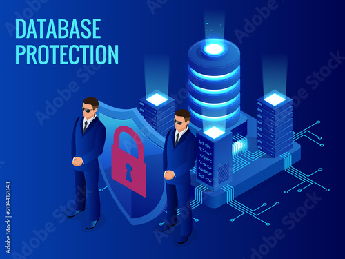 Isometric database protection concept. Server room rack, database security, shield server unit, computing digital technology. Internet equipment industry. Network telecommunication server.