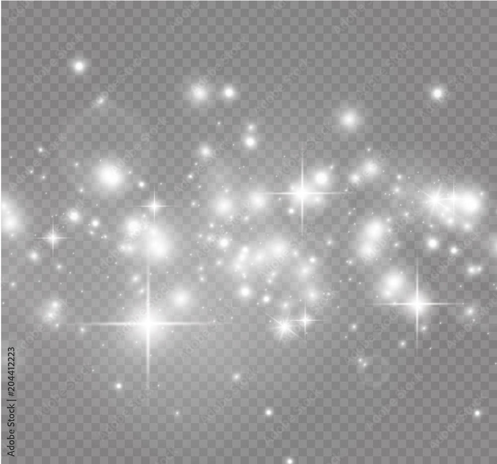 White sparks and golden stars glitter special light effect. Vector sparkles on transparent background. Christmas abstract pattern. Sparkling magic dust particles.