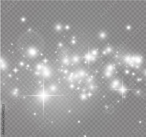 White sparks and golden stars glitter special light effect. Vector sparkles on transparent background. Christmas abstract pattern. Sparkling magic dust particles.