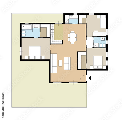Architectural drawing of a private house with kitchen, bedrooms, living room, dining room, bathroom and furniture, attic top view, concept interior design