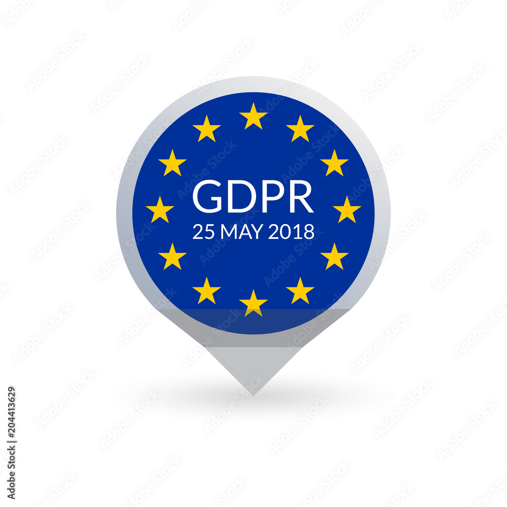 GDPR marker. General Data Protection Regulation map pointer with EU flag. Vector illustration.