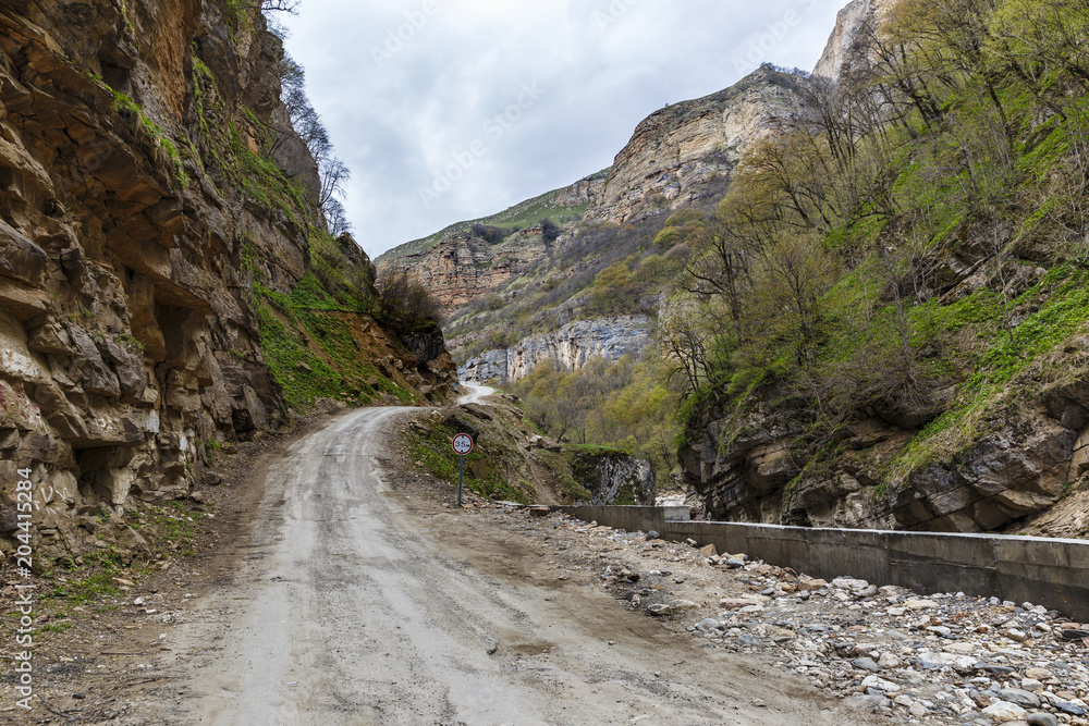 The road through the canyon leading to the village of Khinalig The road through the canyon leading to the village of Khinalig
