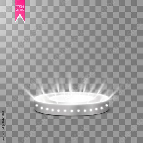 Magic portal of fantasy. Futuristic teleport. Light effect. Light rays of the night scene and sparks on a transparent background. Empty light effect of the podium.