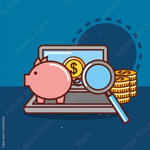 laptop and piggy bank pile coins money magnifying glass vector illustration