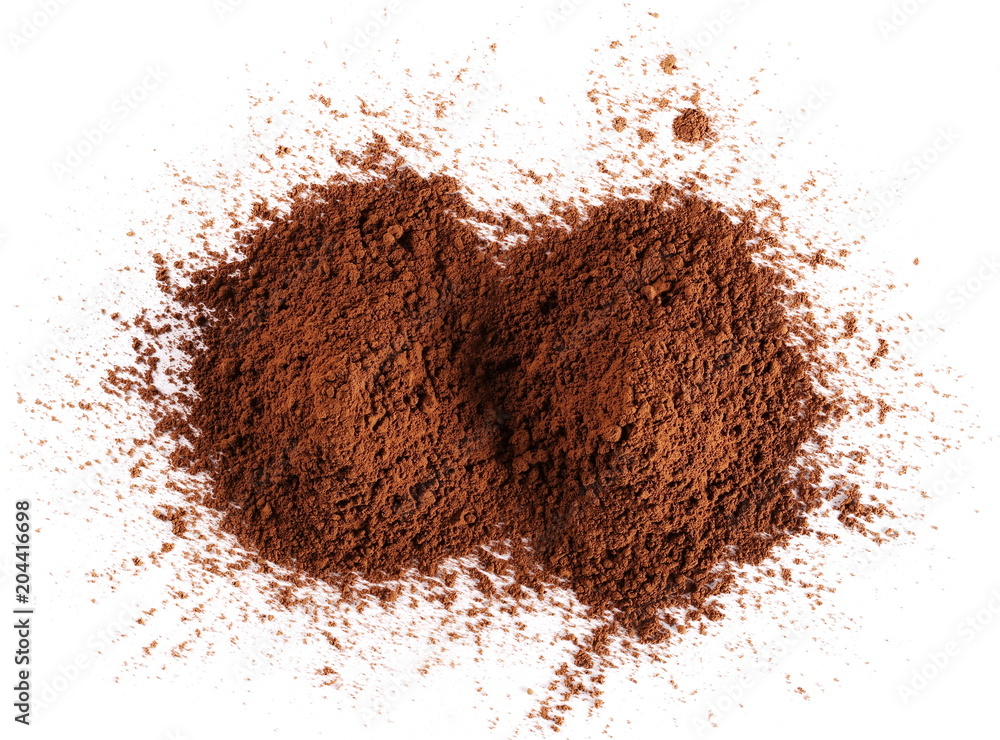 Cocoa powder pile isolated on white background, top view Cocoa powder pile isolated on white background, top view