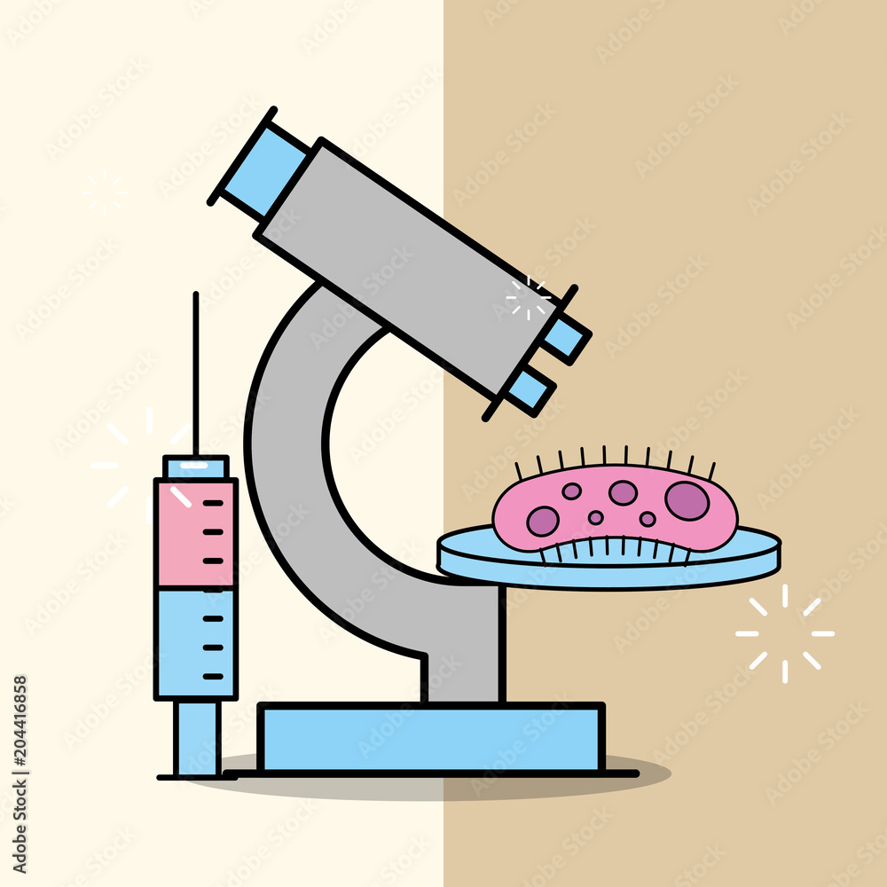 science laboratory research microscope with analysis virus and syringe