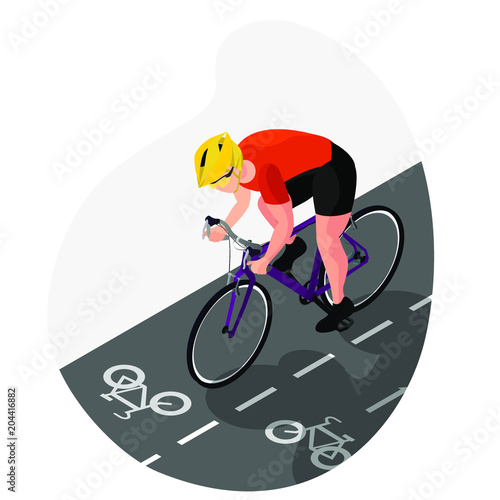 a cyclist in uniform and a helmet on a road bike is riding along the road. isometric 3d
