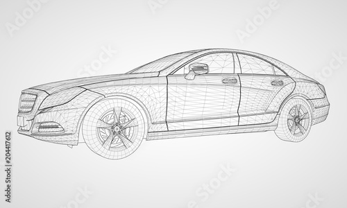 The model sports a premium sedan. Vector illustration in the form of a black polygonal triangular grid on a gray background.