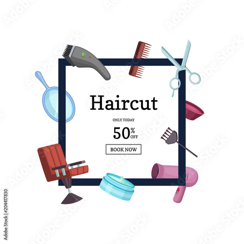 Vector frame with hairdresser or barber cartoon elements illustration