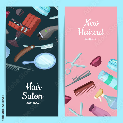 Vector vertical card or flyer illustration with hairdresser or barber cartoon elements