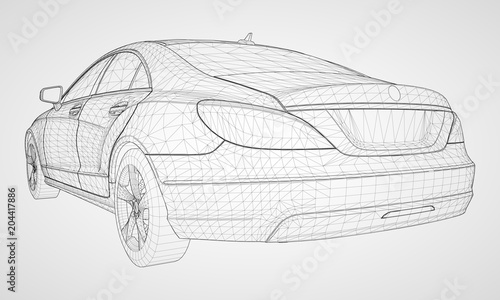 The model sports a premium sedan. Vector illustration in the form of a black polygonal triangular grid on a gray background.