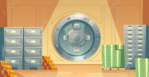 Vector cartoon illustration of bank vault inside, metallic iron safe door. Gold, cash, currency for financial concept, business template. Storage gate with electronical lock.