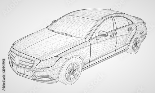 The model sports a premium sedan. Vector illustration in the form of a black polygonal triangular grid on a gray background.
