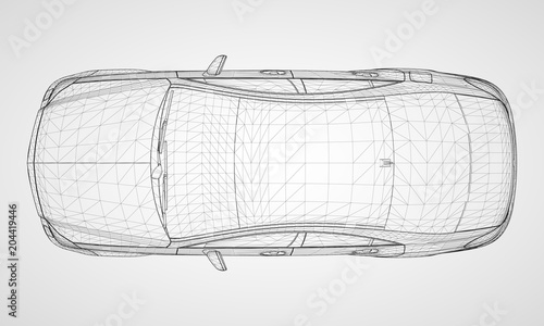 The model sports a premium sedan. Vector illustration in the form of a black polygonal triangular grid on a gray background.