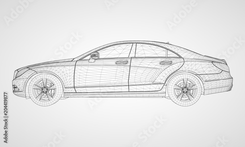 The model sports a premium sedan. Vector illustration in the form of a black polygonal triangular grid on a gray background.