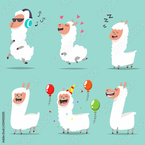 Cute llama in different actions. Cartoon character of funny alpaca vector set flat icons isolated on blue background.