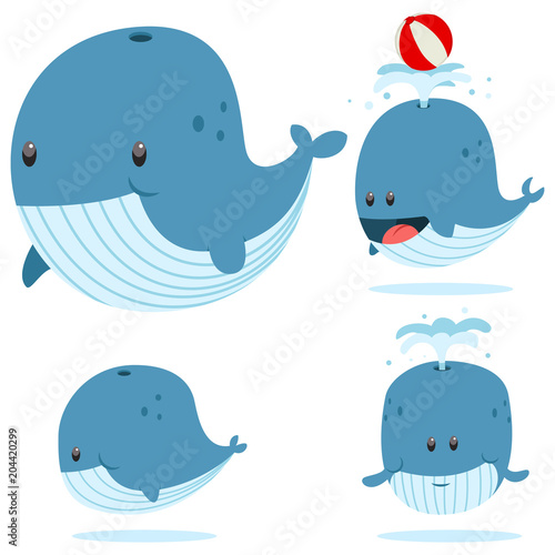 Cute baby of a blue whale in different poses. Vector cartoon character set of sea animal isolated on white background.