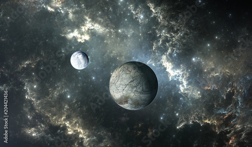 Fototapeta Naklejka Na Ścianę i Meble -  Icy moon of extrasolar planet with stars on nebula background