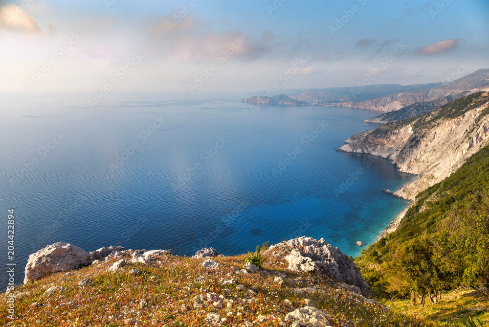 Beautiful landscape with rocks on the coast of the Ionian Sea near Asos town in Kefalonia, Greece. Amazing places. Tourist Attractions.