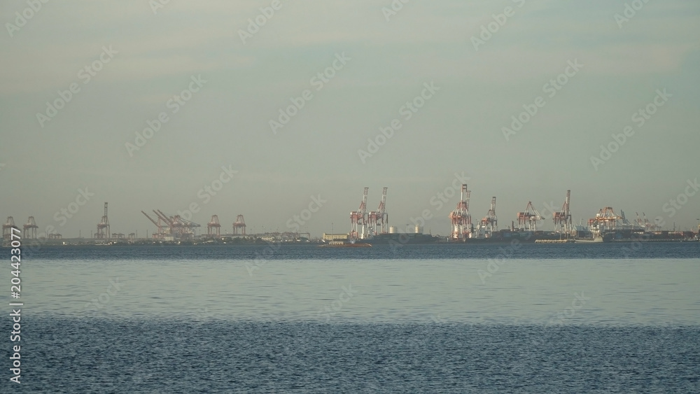 Industrial cargo port with ships and cranes. View of the cargo port and container terminal. Container cranes in Manila Bay. Cargo ship in industrial port. Manila, Philippines.