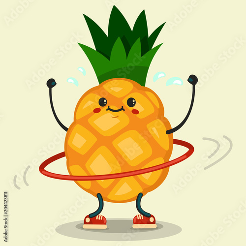 Cute Pineapple cartoon character doing exercises with hula hoop. Eating healthy and fitness. Flat retro style illustration concept.