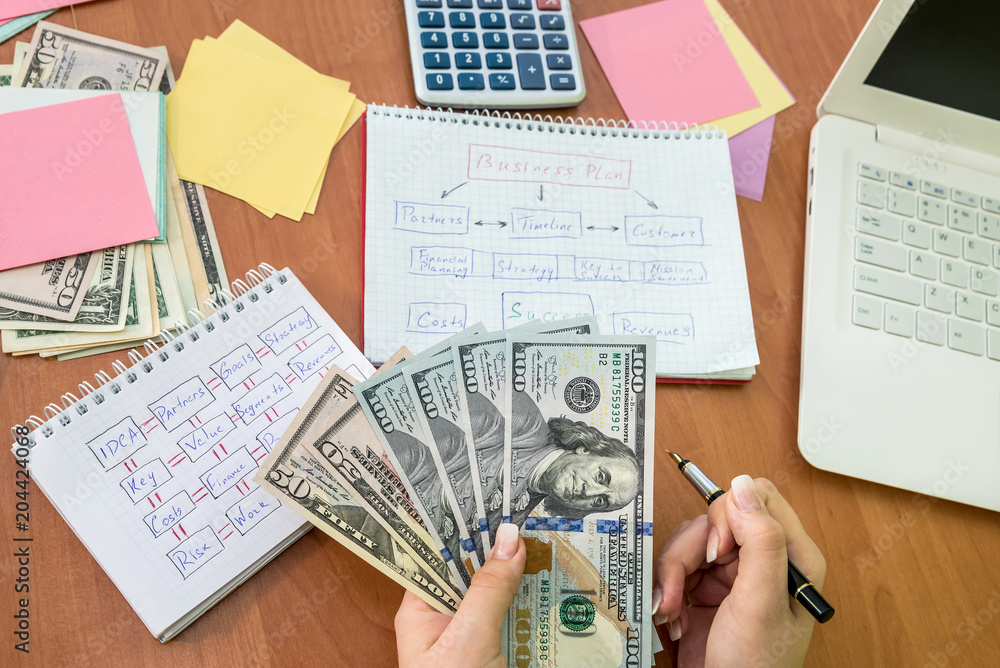 Obraz premium Business lady counting dollar banknotes for realizing of business plan