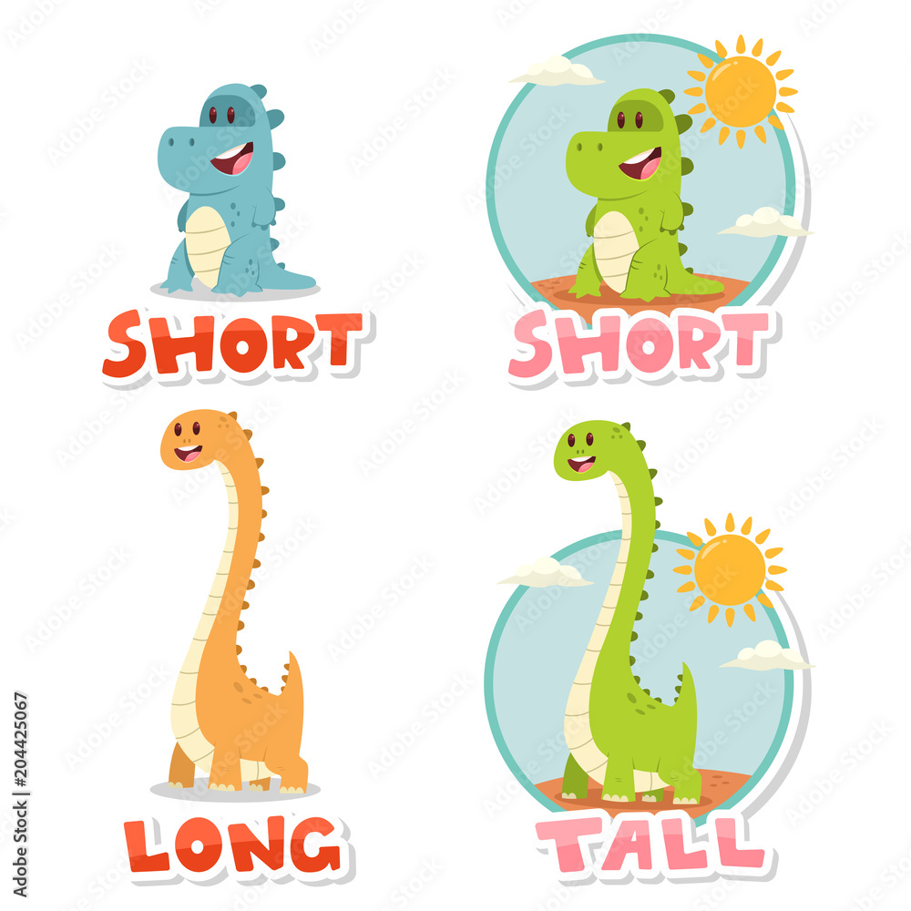 Opposite words Short and Tall, Long. Vector cartoon illustration with cute  big and small dinosaurs isolated on white background. Stock Vector | Adobe  Stock