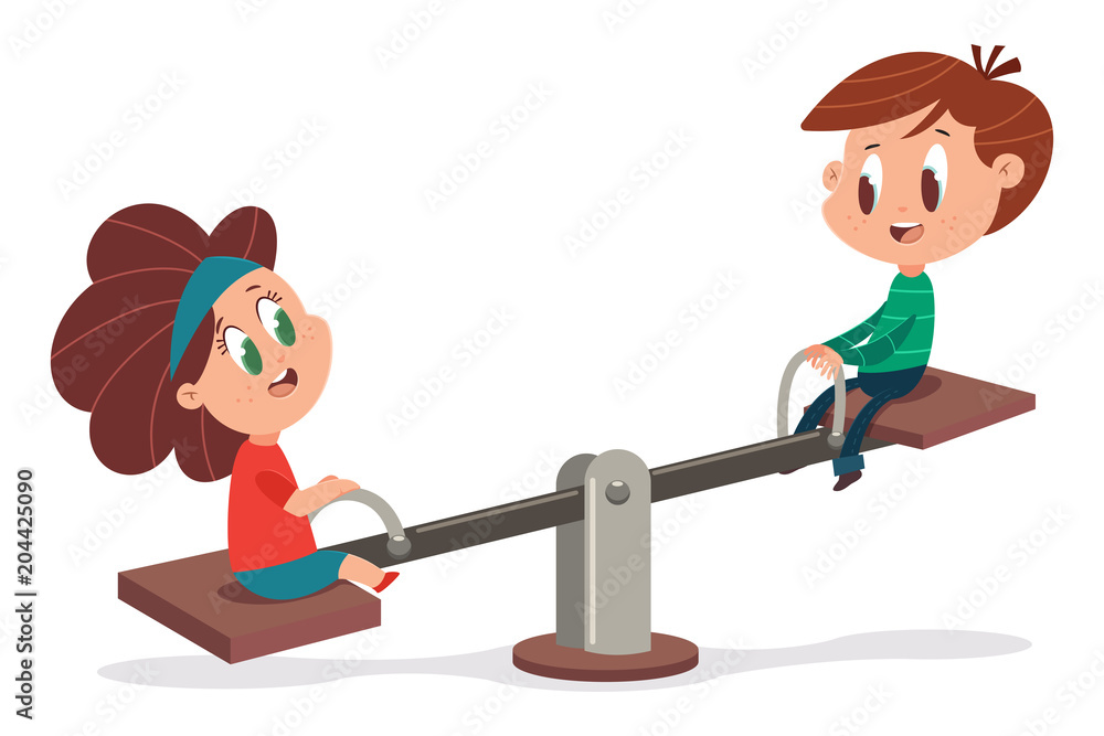 Kids on a wooden seesaw. Vector cartoon illustration of a cute boy and girl  playing on a swing isolated on a white background. Stock Vector | Adobe  Stock