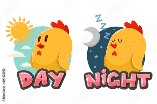 Opposite words Day and Night. Vector cartoon illustration with funny chicken, sun and moon isolated on white background.