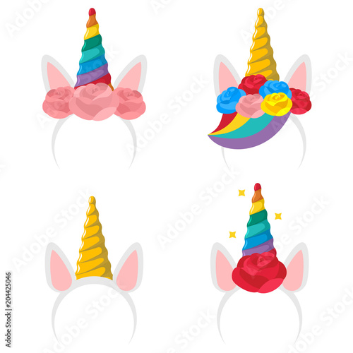 Unicorn headband cartoon icon set. Vector flat hair clip with a horn, ears, rose flower and rainbow isolated on a white background.