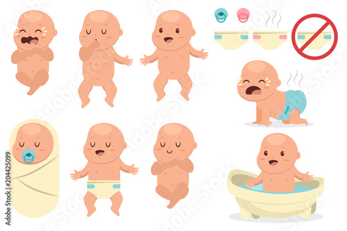 Infant vector cartoon character set of boy and girl. Silicone baby doll toy flat collection isolated on white background.