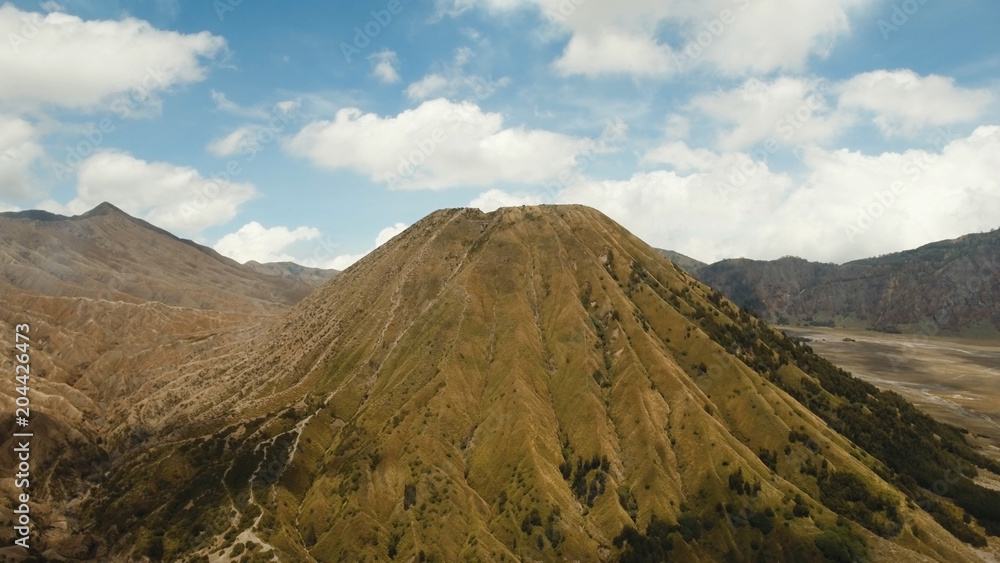 Volcano in the mountains in East Jawa, Indonesia. Aerial view of volcano crater,Tengger Semeru National Park.