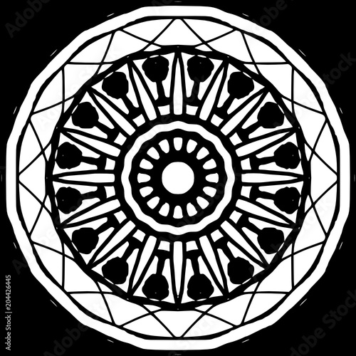 Contour drawing mandala - wheel in black and white