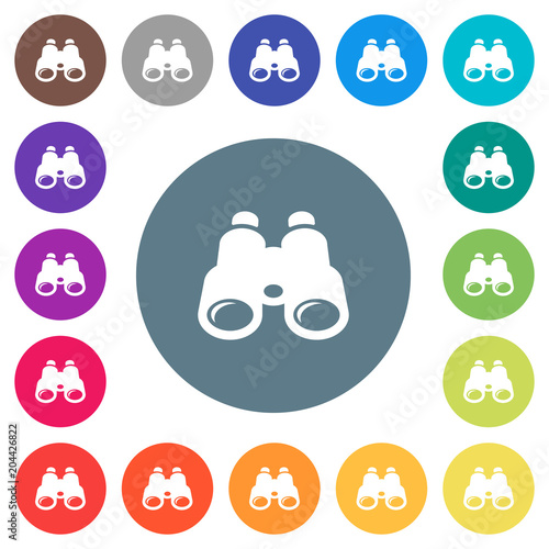 Binoculars flat white icons on round color backgrounds