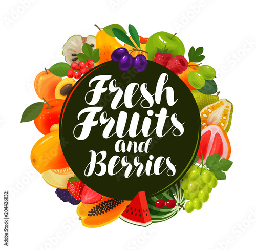 Fresh fruits and berries, banner. Natural food, greengrocery concept. Vector illustration