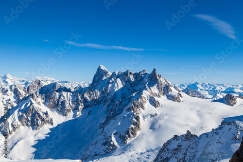 Picturesque view snowy mountain peaks panorama, Mont Blanc, Chamonix, Upper Savoy Alps, France © umike_foto