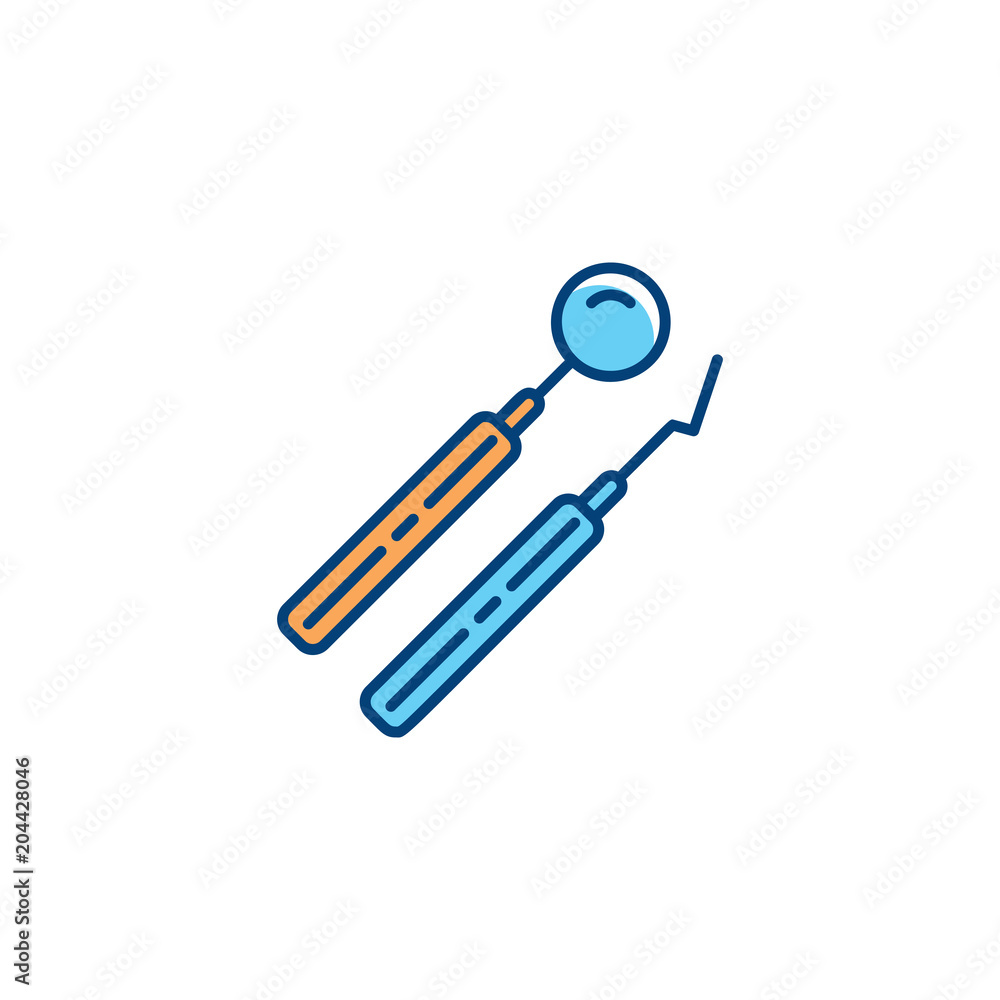 Dental instrument line icons, Dental mirror and dental pick. Dental treatment logo. Vector flat illustration Dental instrument line icons, Dental mirror and dental pick. Dental treatment logo. Vector flat illustration