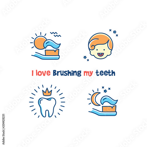 Children s dental poster  I love brushing my teeth. Teeth cleaning line icons  Healthy baby teeth card. Vector flat illustration