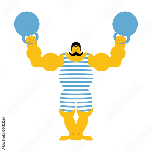 Retro strongman and weight. Vintage Sportsman. Circus bodybuilder. man of musls in poloat clothes. Vector illustration