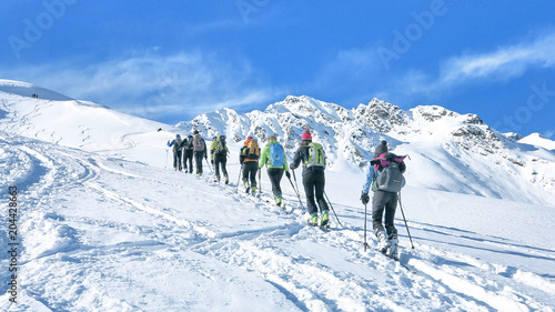 Canvastavla Group of touring skiers whit alpine guide reaching their goal