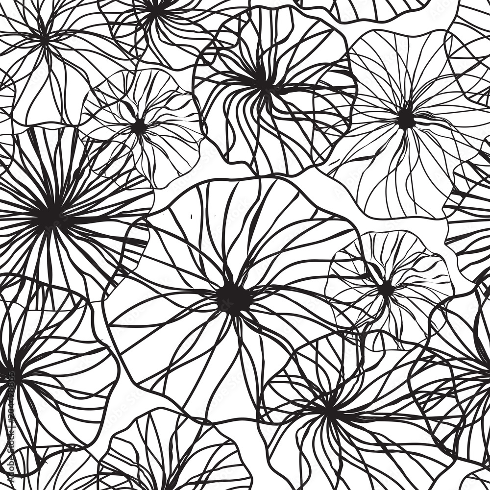 FICTIVE BLOOMING TEXTURE. MONOCHROME FLORAL SEAMLESS VECTOR PATTERN.