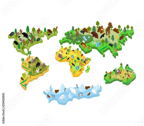 World map animal Isometric style. Earth continent flora and fauna. Vector illustration