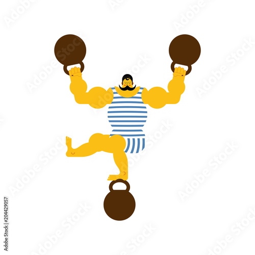 Retro strongman and weight. Vintage Sportsman. Circus bodybuilder. man of musls in poloat clothes. Vector illustration