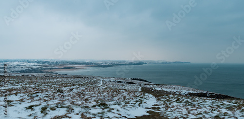 Snowy coastal landscape panorama